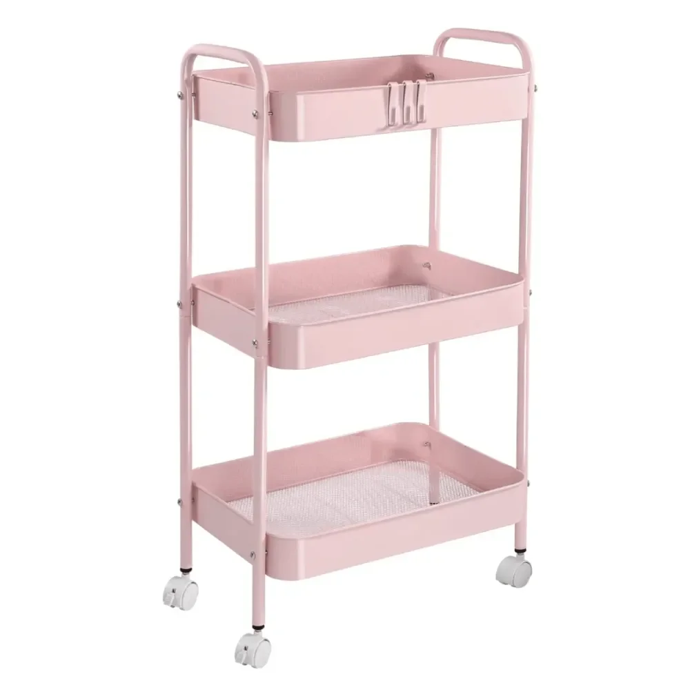 Carrito Metálico de 3 Niveles con Ruedas para la Escuela, Color Rosa, Carrito de Almacenamiento para Estudiantes, con Asa y Bloqueo