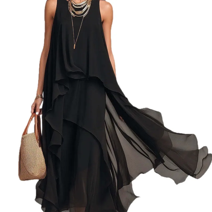 Summer Woman Dress Elegant Party Chiffon Sleeveless Dresses Women's Summer Ruffle Layered Maxi Dress Black Asymmetrical Hem Gown view 3