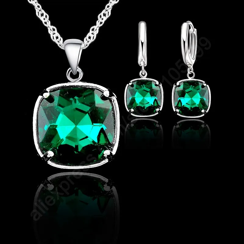 

Big Square Colorful Crystal Pendant Necklace Earrings 925 Sterling Silver Jewelry Sets For Women Girls Party Christmas Gift