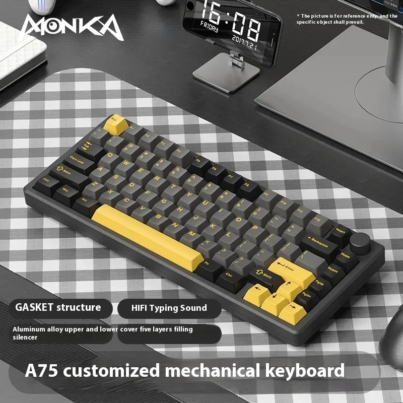 Monka A75 Mechanical Keyboard Three Mode Aluminium Alloy Custom Wireless Gaming Keyboard Gasket 81Keys Hot Swap RGB Pc Accessory