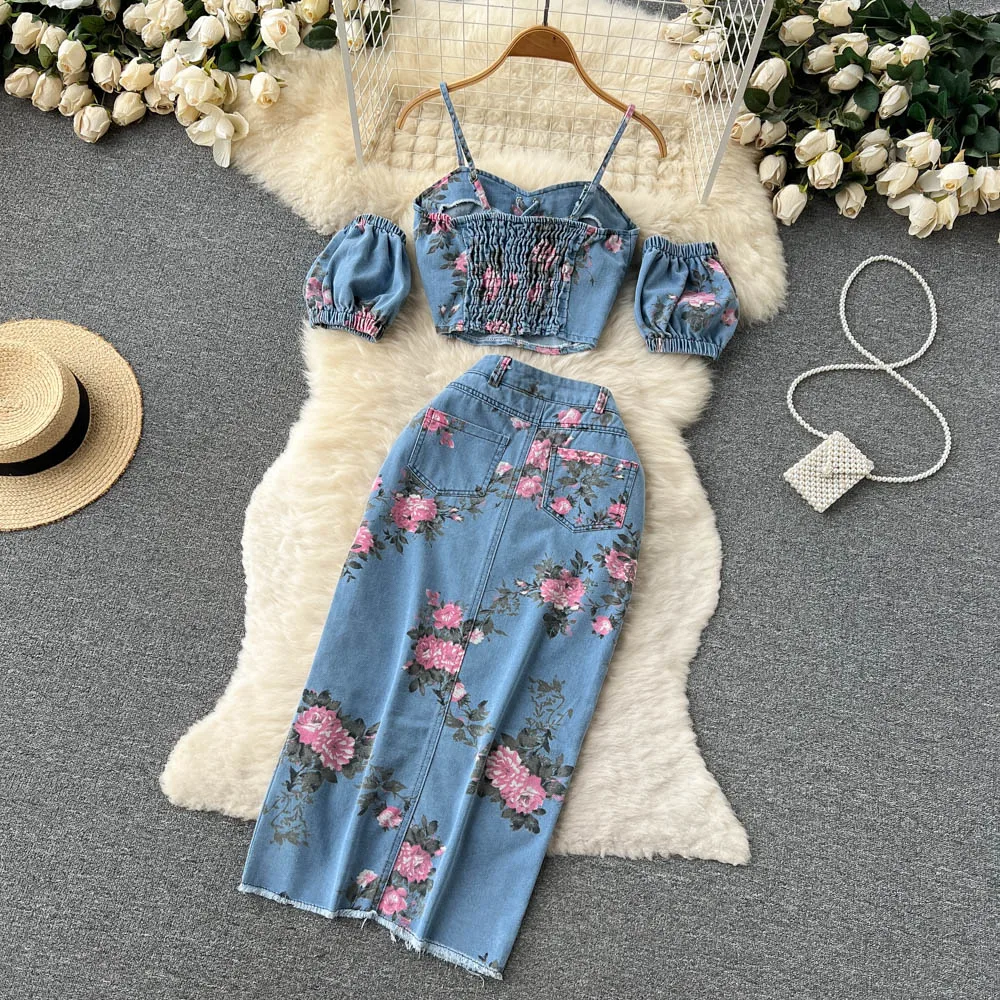 Hong Kong Sle Retro Chic Oulder Bared Zweiteiliges Set für Frauen Hohe Taille Split Rock Oberbekleidung Crop Top Sommer Faion