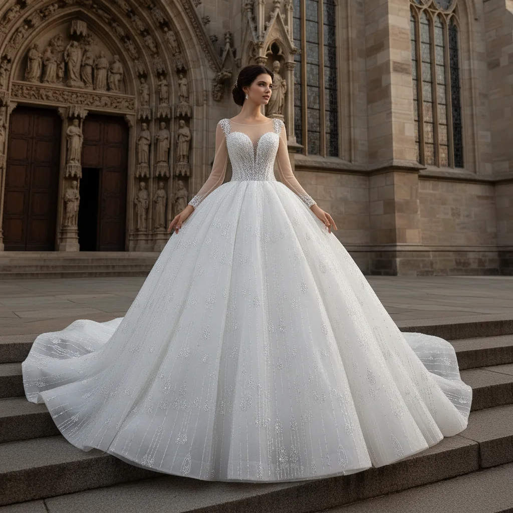 Rosymae Sparkly Wedding Dress Sheer Square Neckline Ball Gown with Long Sleeve amanda novias vestidos boda 2026