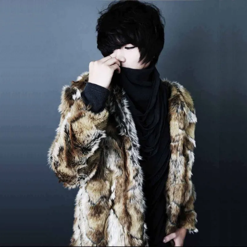 Vintage Fashion Brand Faux Fur Coat Men Winter Thick Warm Long Sleeve Leopard Print Coat Faux Mink Fur Jacket
