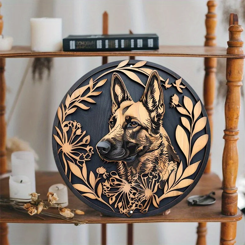German Shepherd Aluminum Metal Wall Sign, Round Decorative Wreath with Dog Image, Door Hanger, Home Art Decor