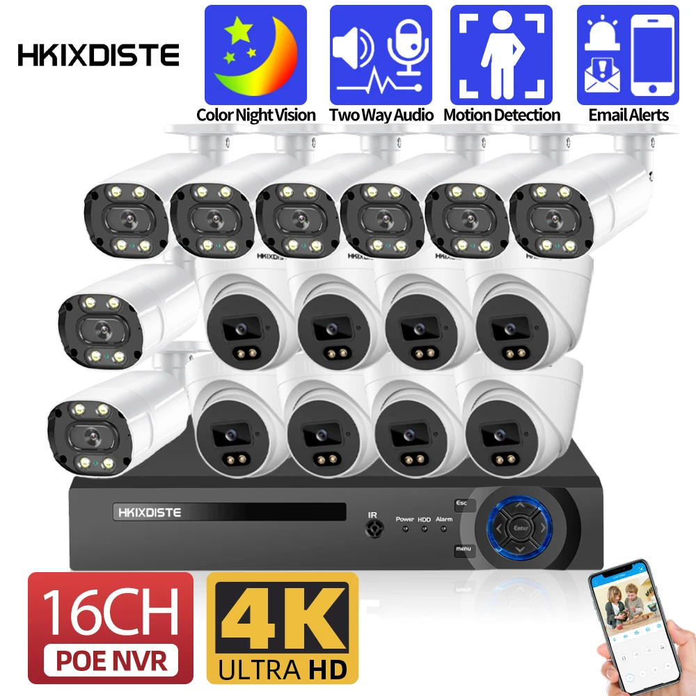 

4K 16CH POE IP Camera Kit Two Way Audio CCTV Security System 8MP 16 Channel NVR Kit XMEYE H.265 IP Video Surveillance Camera Set