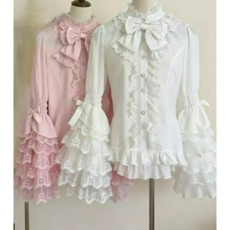 

Kawaii Cute Lace Ruffles Flower Wedding Bow Shirt Women Victorian Sweet Lolita Top Japanese Vintage Elegant Princess Blouse
