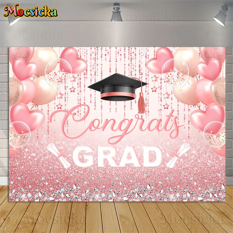 

Congrats Grad Backdrop Rose Gold Congratulation Graduation Party Class Of 2024 Pink Balloon Background Prom Event Photobooth