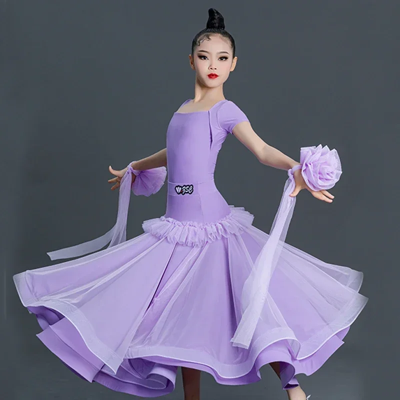 New Modern Dancing Clothing Girls Purple Ballroom Dance Competition Costumes Kids Short Sleeved Latin Dance Dress SL8659