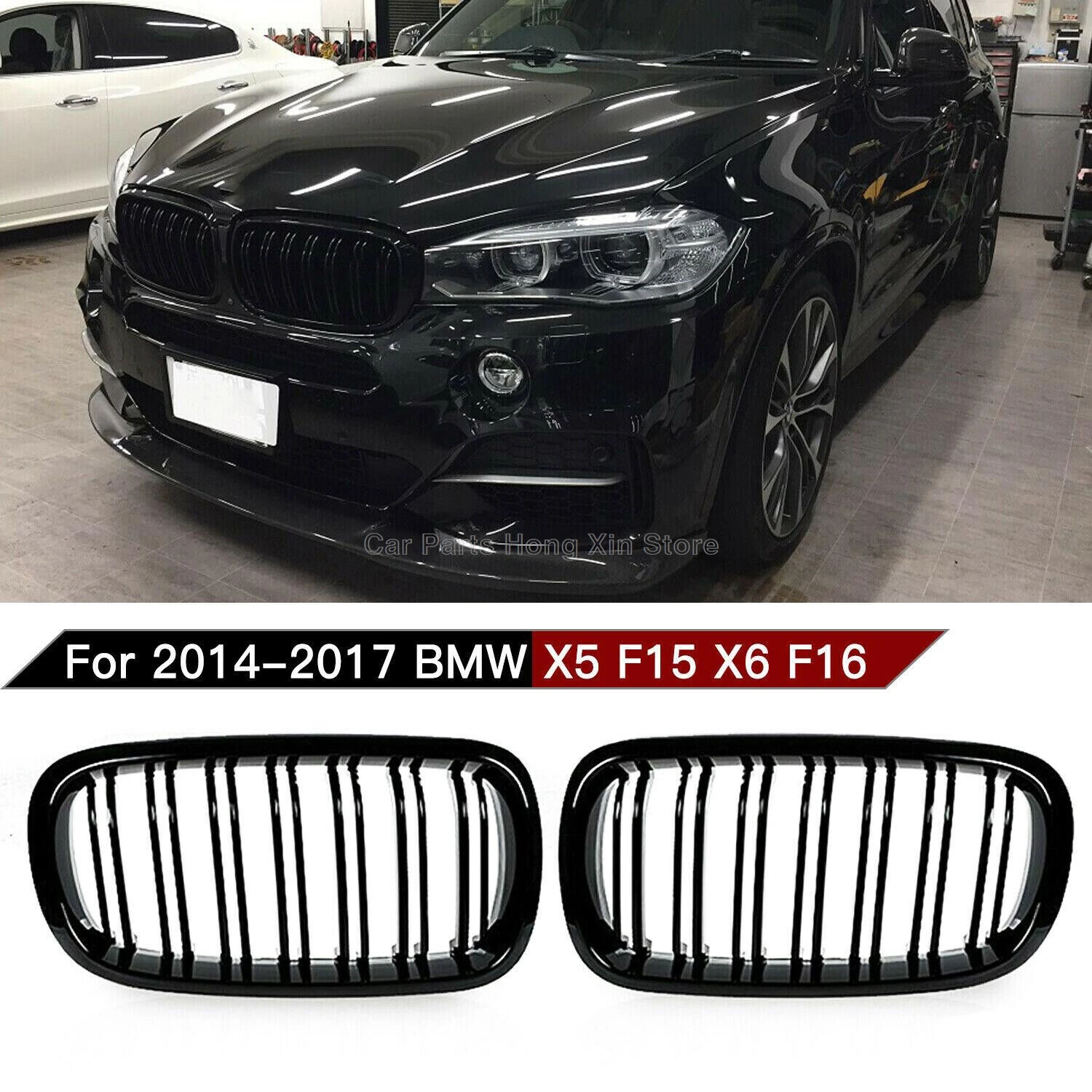 

F15 F16 Pair Car Double Slats Front Kidney Racing Grille Replacement For BMW F15 F16 X5 X6 2014 2015 2016 2017 Racing Grills