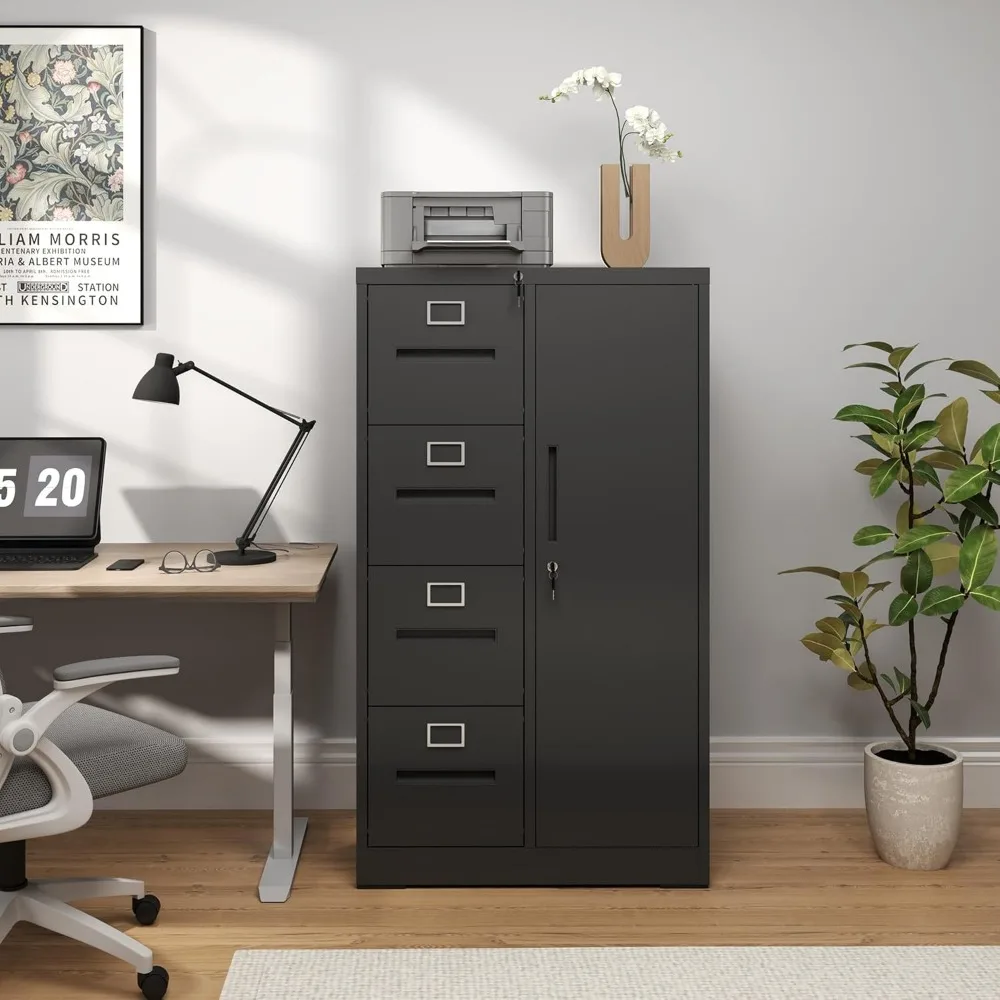 خزانة ملفات عمودية معدنية قابلة للقفل للمكتب المنزلي، خزانة تخزين ذات 4 أدراج مع باب قابل للتعديل وميزات أمان #2