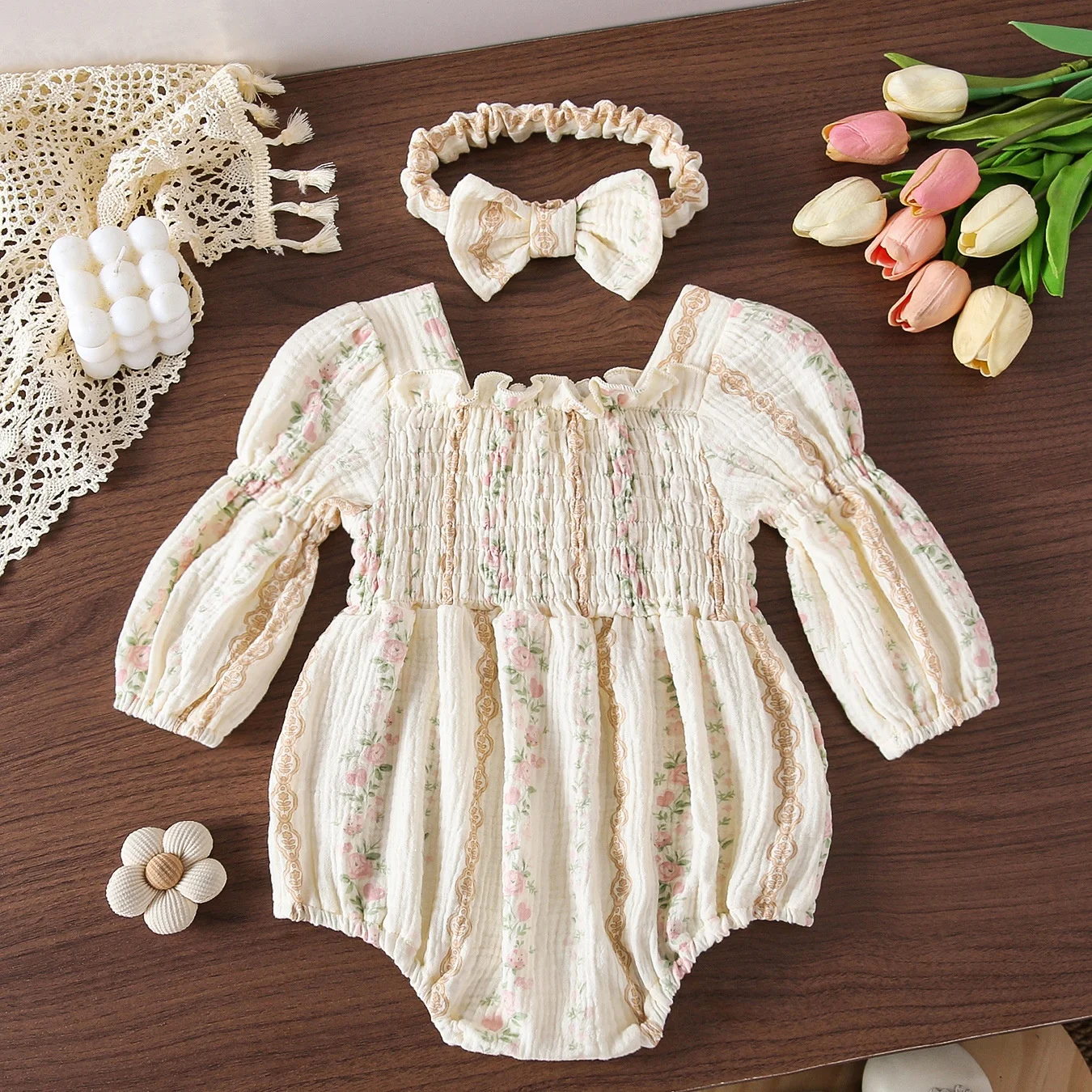 Autumn Baby Girls Long Sleeve Bodysuit Korean Style Bubble Sleeve Infant Onesie Floral Print Toddler One Peice with Bow Headband
