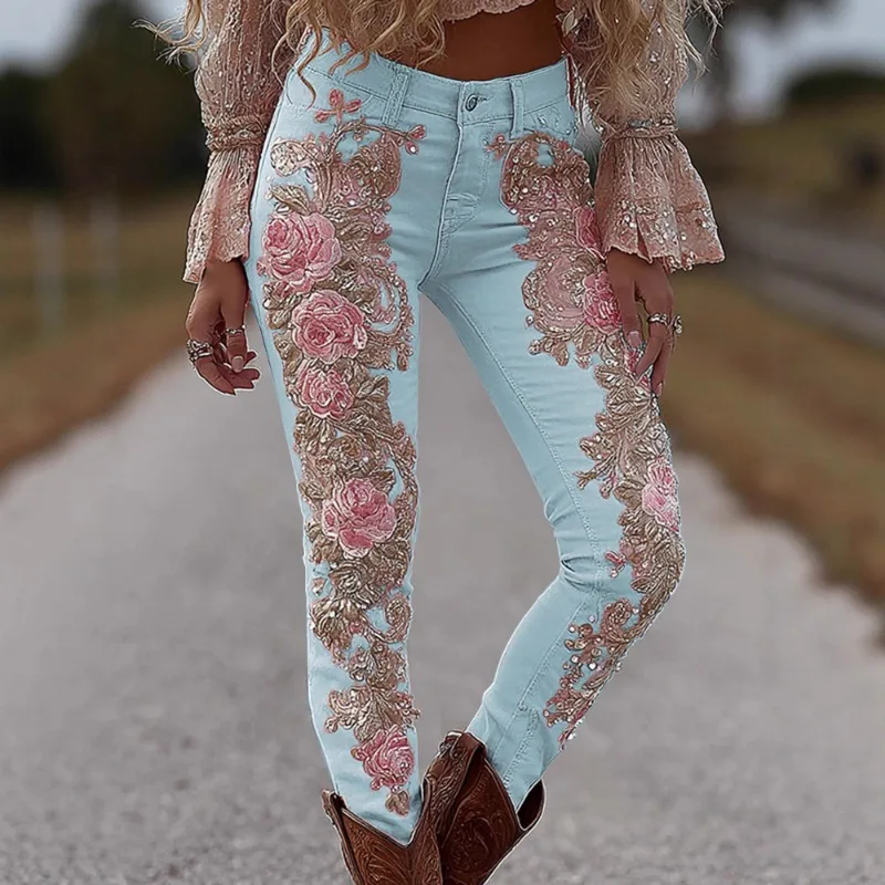 

Women's High Waist Stretch Denim Pants 3D Print Floral Straight Leg Casual Fashion Jeans