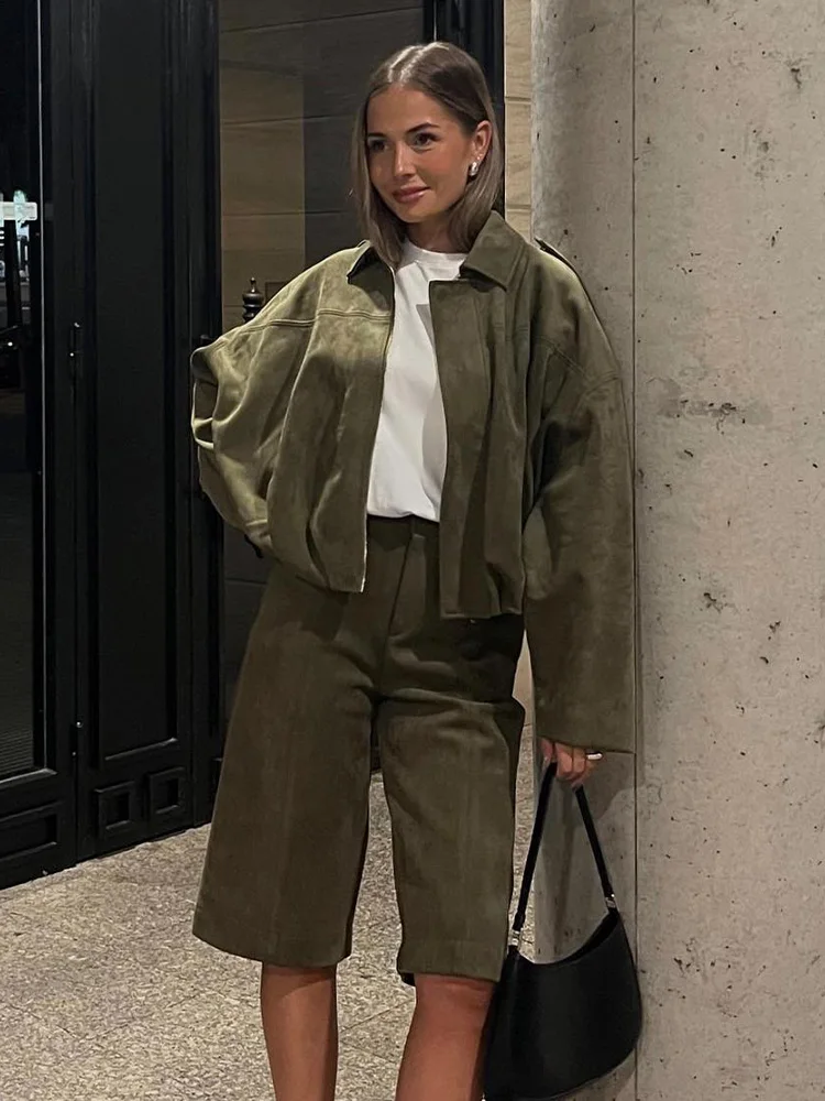 HH Summer Women Solid Shorts Sets Fashion Zipper Turn-down Collar Bomber Jacket+Casual Pocket Suede Texture Short Pants