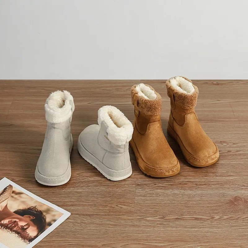 두꺼운 밑창, 둥근 앞코, 플리스 안감, 따뜻하고, 패셔너블하며, 다용도이며, 편안하고, 미끄럼 방지 및 통기성이 좋은 여성용 스노우 앵클 부츠