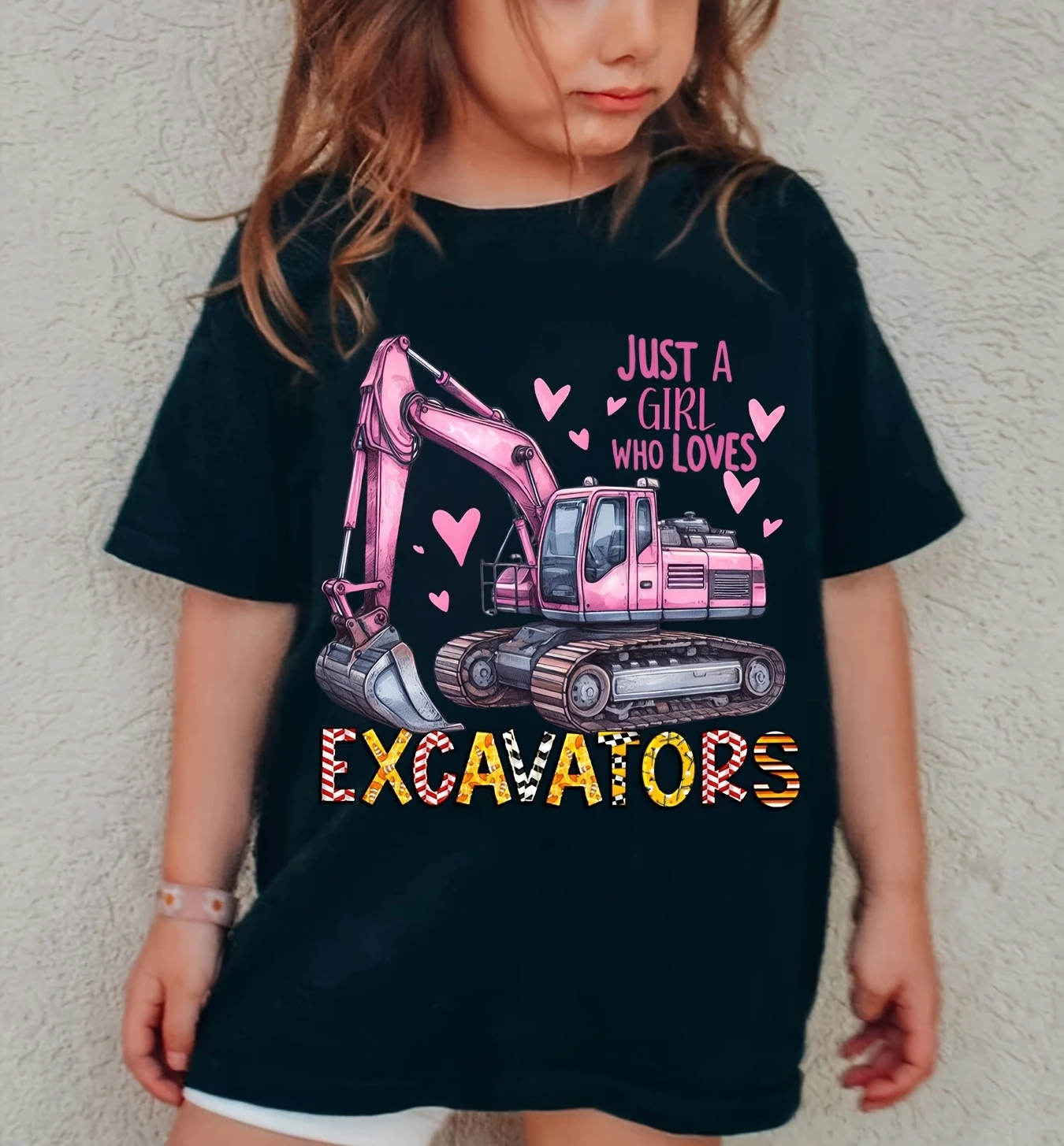 Girl Clothing Fashion Girls' Cartoon Excavator Print T-Shirt Just A Girl Who Loves Excavators Graphic Tee Children Clothes Girl