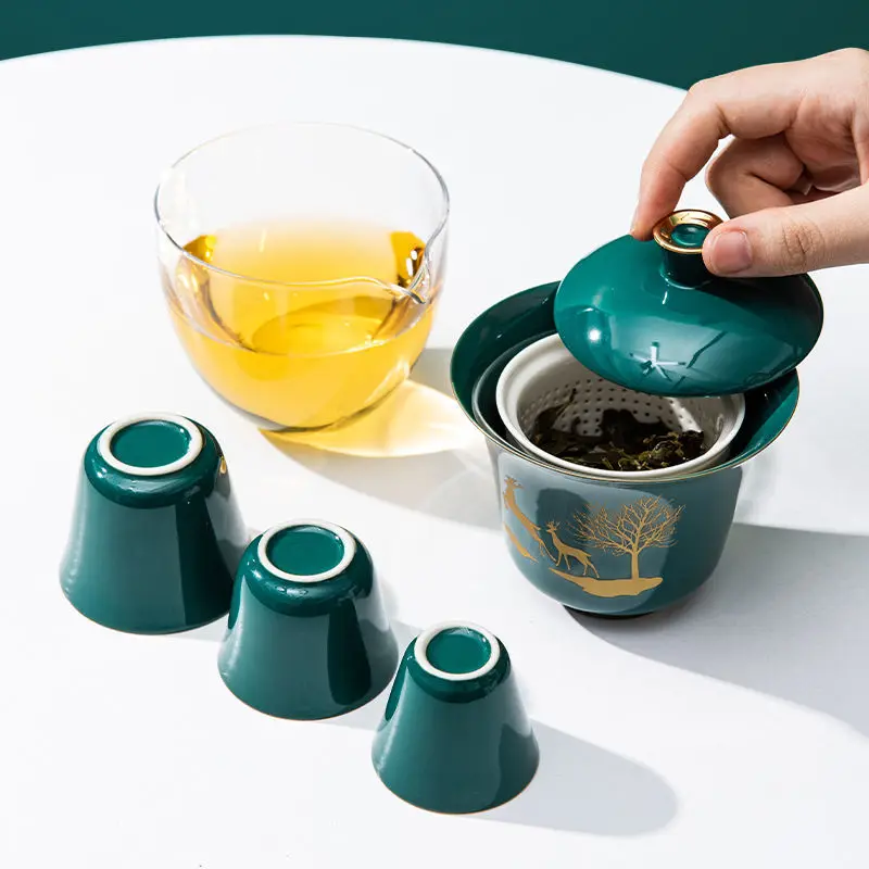 

Travel Kung Fu Tea Set Creative Glass Three-Talent Gaiwan Ceramic Quick Guest Cup One Pot Three Cups Storage Bag Portable