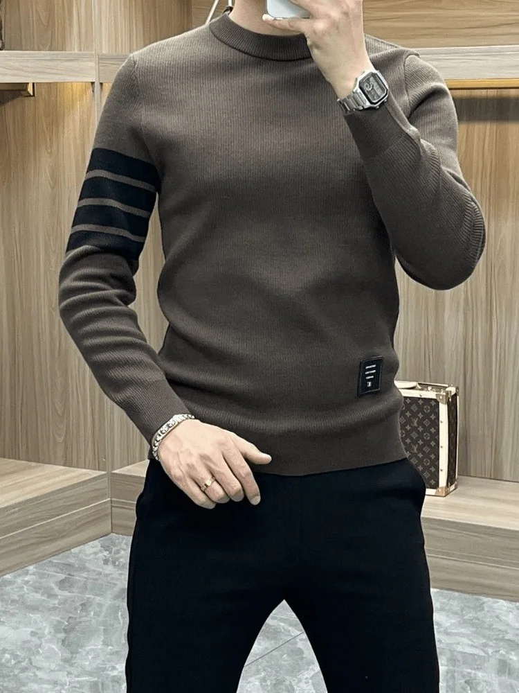 

Мужской комфортный вязаный свитер на осень-зиму с длинным рукавом, приталенный, класса люкс, в полоску, из мягкой ткани, с круглым вырезом, теплый