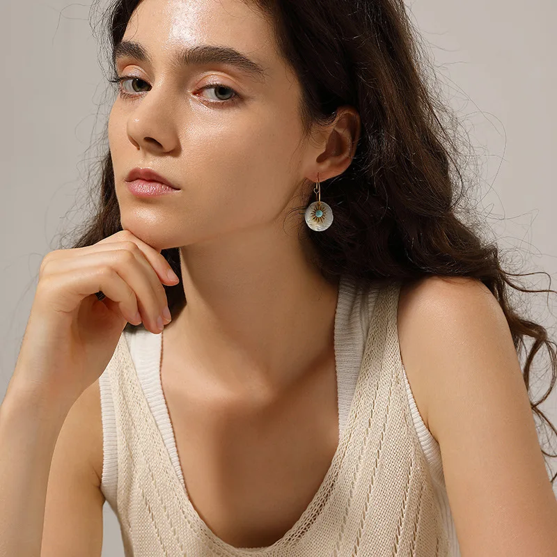 Bohemia Trendy Stainless Steel Geometric Shell Circle Stone Sun Dangle Earrings for Women Charm Summer Beach Jewelry Colorfast
