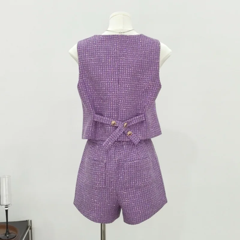 High Quality French Fashion Luxury Tweed 2 Piece Pant Sets For Women Vest Tops + Shorts Sets Korean Sweet Two Piece Pant Suits