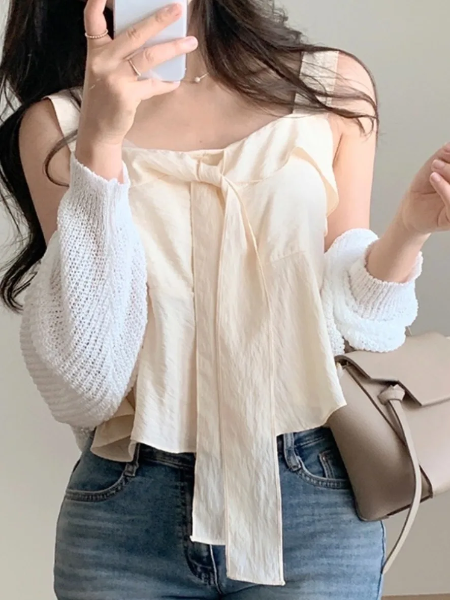 Novo Estilo de Verão Top Sem Mangas F com Laço Curto e Detalhes Es Suéter atura Estilo Crop sem Registro de...