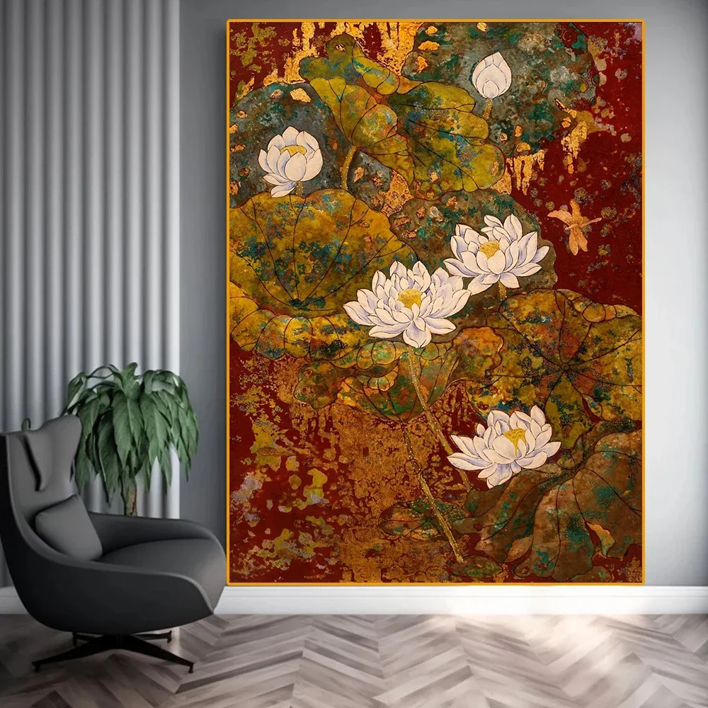 Frameless canvas paintings,Vintage Persimmon Tree Canvas Painting Wall Art Gold Leaf White Lotus Poster Traditional Chinese Pain