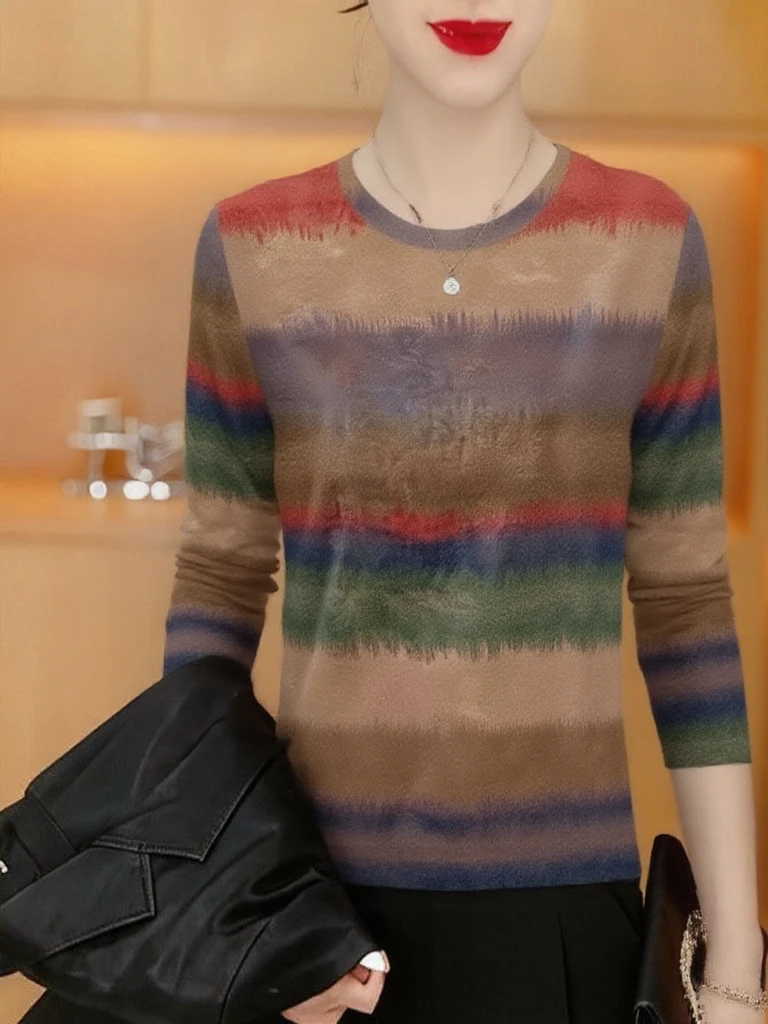 

Полосатый топ с длинными рукавами и круглым вырезом, свободного кроя, в стиле Mommy, для женщин среднего возраста, повседневный, дышащий, из полиэстера.