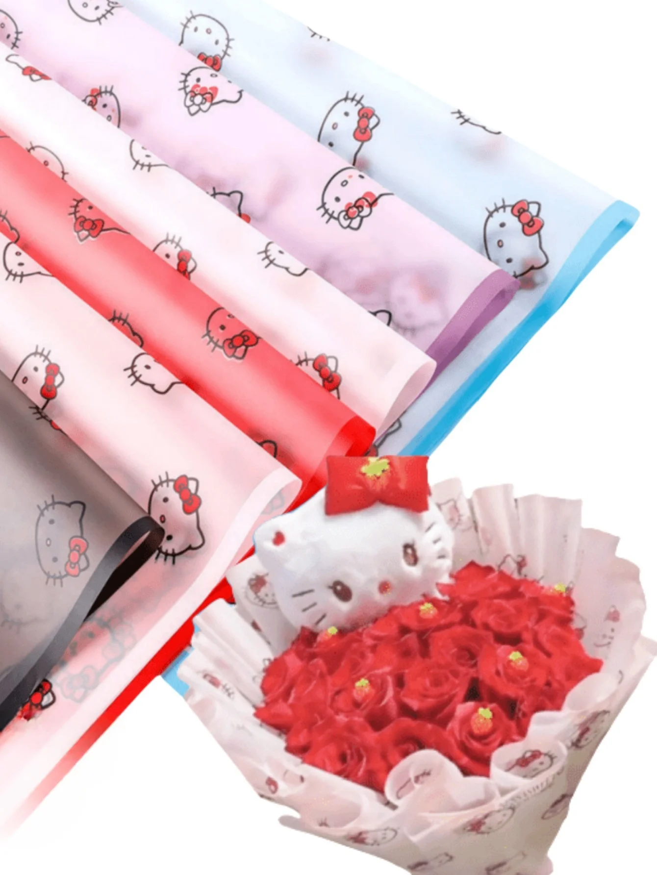 20 buah hadiah HelloKitty kertas bungkus motif kartun lembaran pembungkus tahan air dengan pita untuk hadiah kerajinan DIY dan karangan bunga