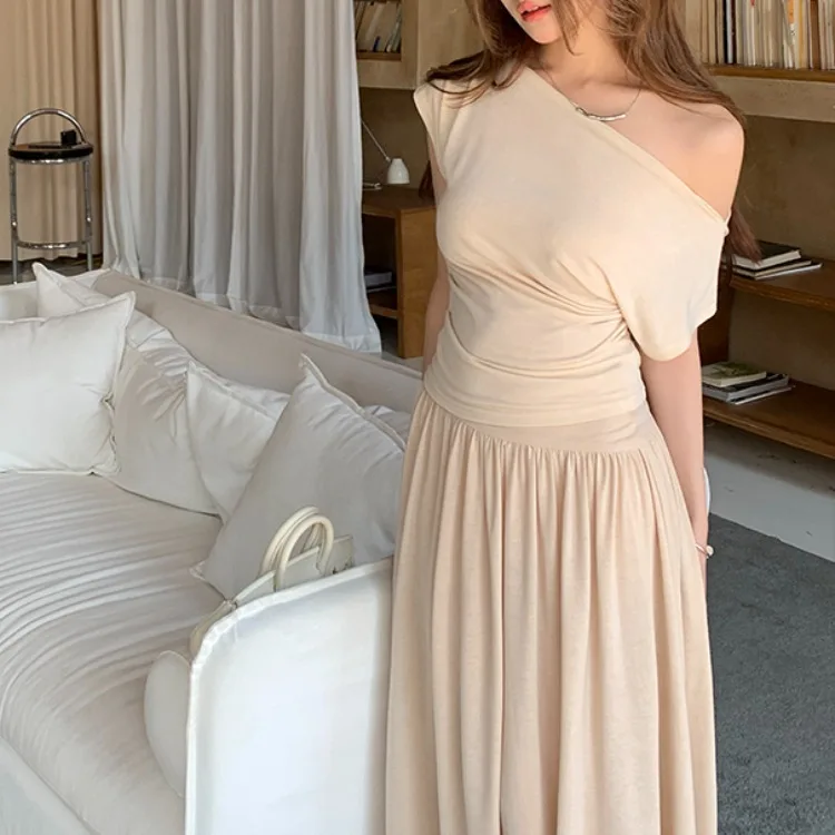 

Spring Summer New Design Apricot T-irt Top Women's A-Line Midi Skirt Draped Long Dr Two-Piece Set Korean Sle Faion