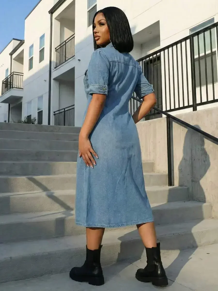

Light Washed Denim Midi Dress With Button-Front Closure, Elbow-Length Cuffed Sleeves, And High Side Leg Split