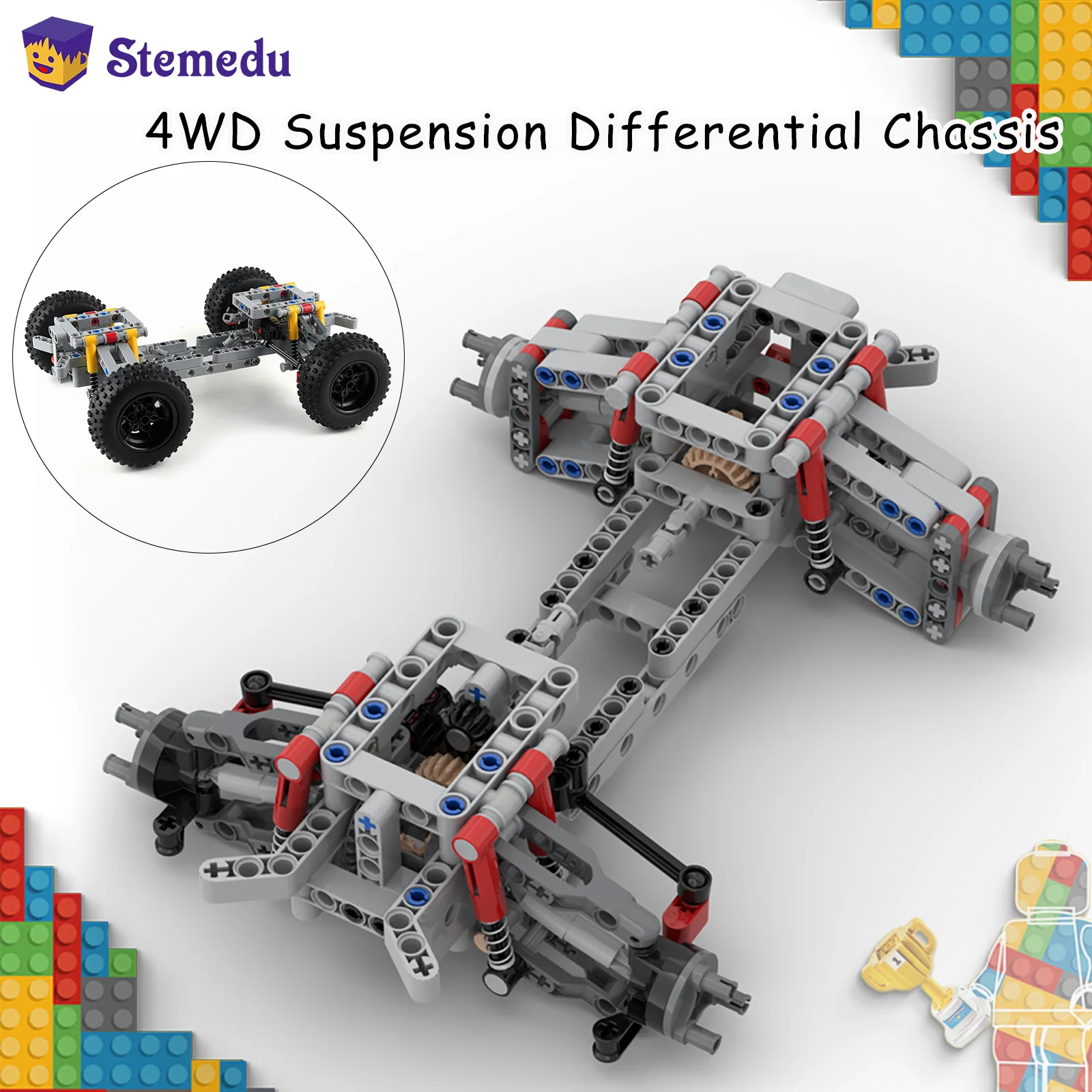 

MOC 4WD Independent Suspension Differential Chassis Steering Axle Building Blocks Four-wheel Drive Tech Car Parts Toys Kids Gift