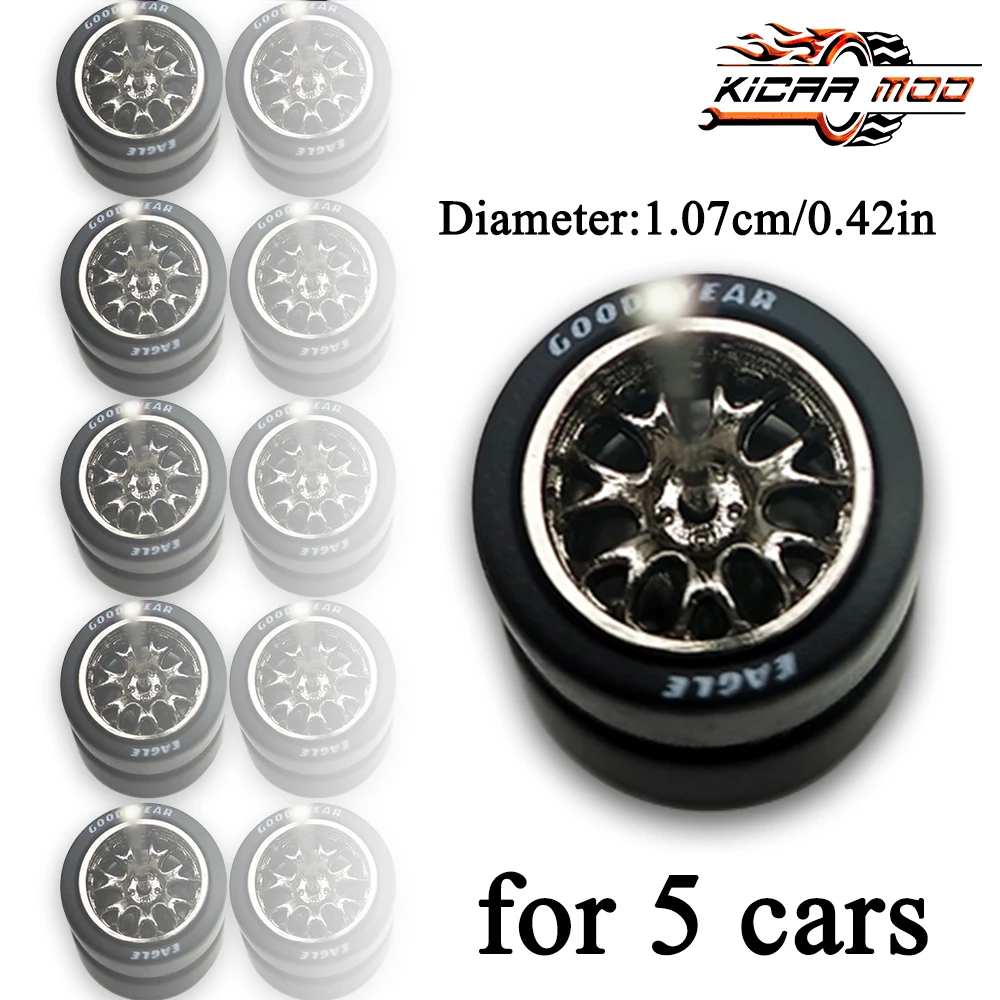 1/64 Wheels Detachable Rubber Tires Dendritic Spokes 10.7mm for Model Cars Refiting Parts for Hotwheels (5 sets for 5 Cars)