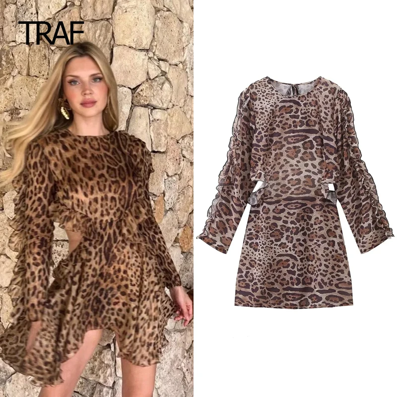 

TRAF Leopard Print Cutwork Dresses Women's Dress 2024 Summer Mini Ruffle Long Sleeve Backless Dress Elegant Luxury Evening Dress