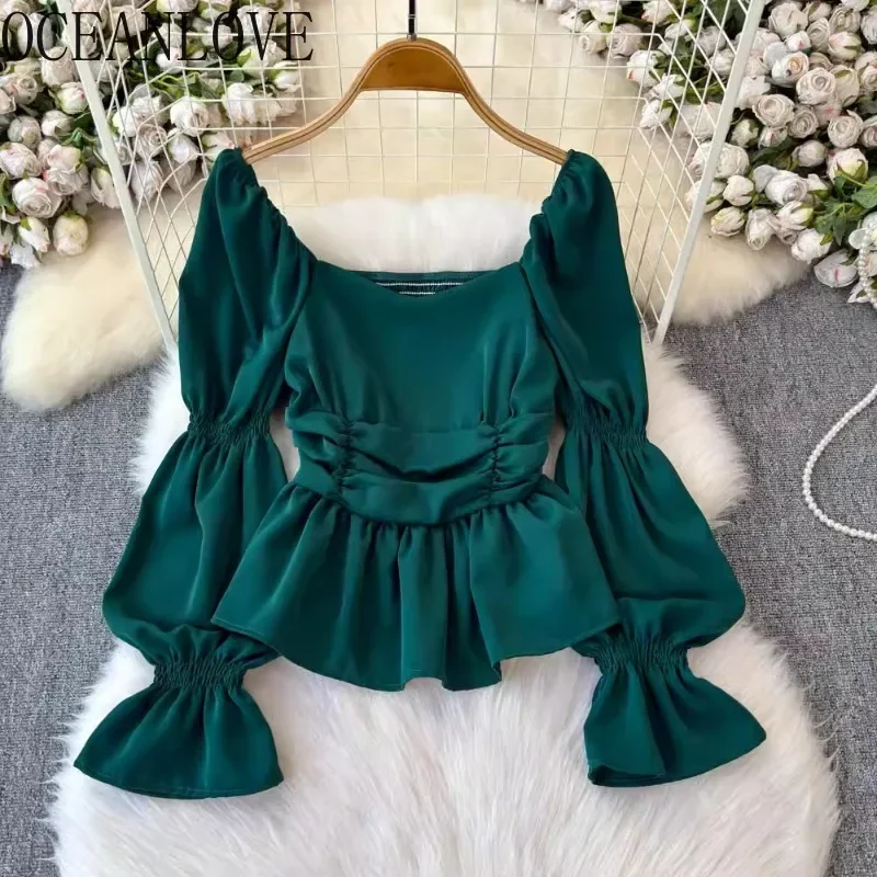 OCEANLOVE Camicie e camicette da donna Solido Manica a sbuffo Collo quadrato Solid Blusas Mujer Primavera Estate Moda coreana Dolce Camisas