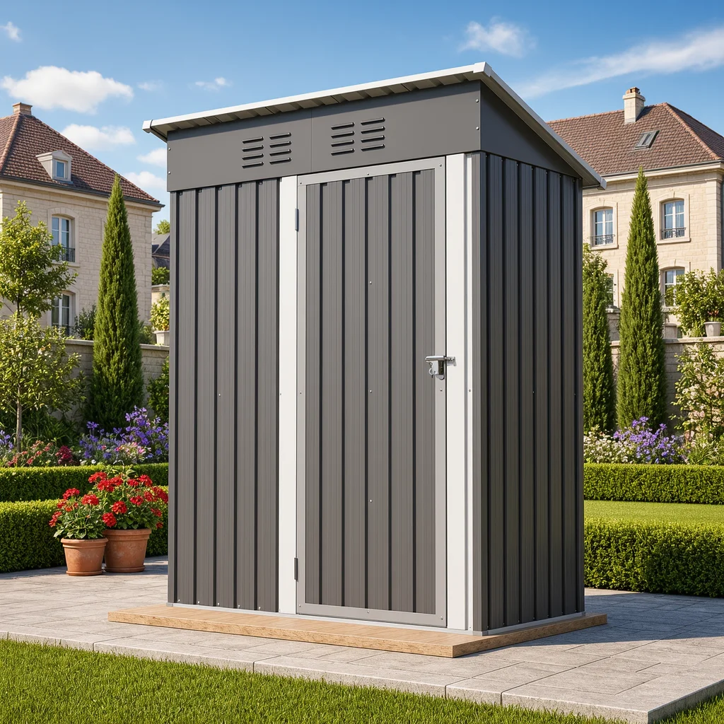 5*3FT Anlehnbarer Metall-Gartenschuppen, abschließbarer Doppeltür-Geräteschuppen mit 4 Lüftungsöffnungen, wasserdichter UV-beständiger Gartenschuppen, Schwarz & Grau optional für Mülleimer, Werkzeuge,