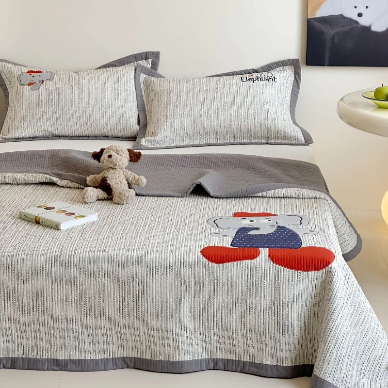 Grade A Cotton Double Gauze Cartoon Quilt Set,Soft Breathable Lightweight Kids Bedspread Coverlet 3Pcs Bedding Home Decor