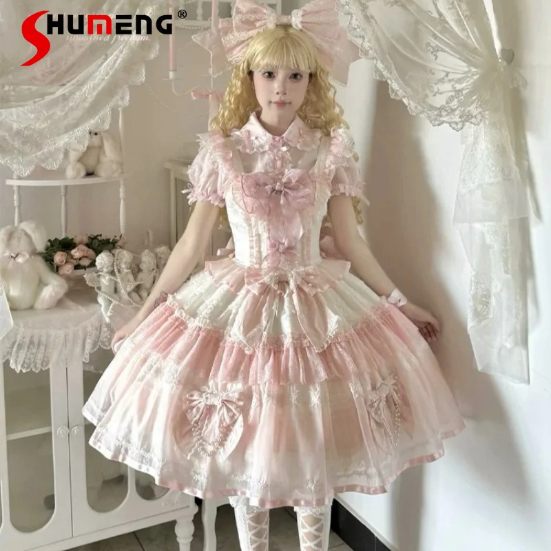 

JSK Vintage Pink Princess Dress Japanese Lolita Sweet Sleeveless High Waist Bow Dresses Kawaii Clothes Beautiful Rojita Vestidos