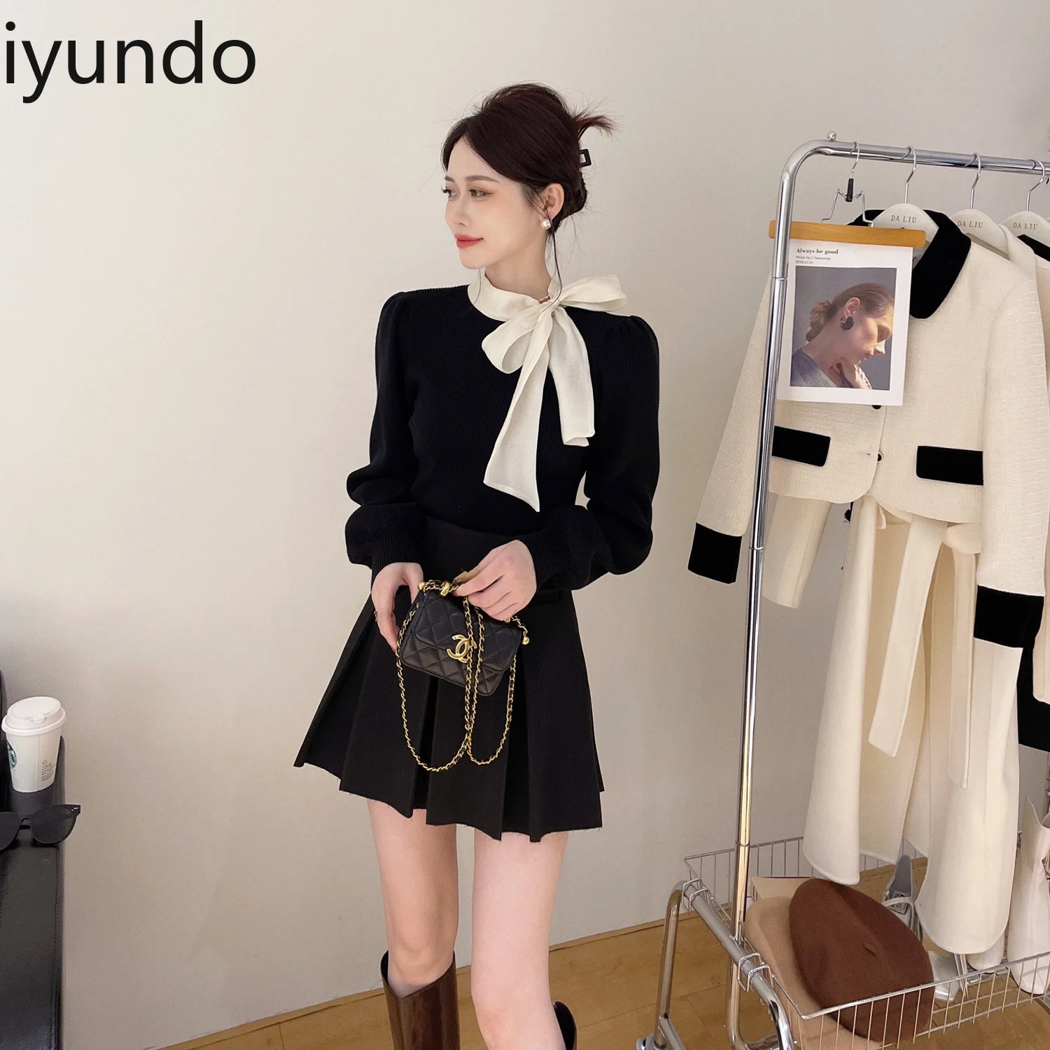 フレンチハーフネックニットトップス、ボウ付き - 韓国風スイートフローラルセーター、レディースシックカジュアルウェア、エレガントな長袖ブラウス