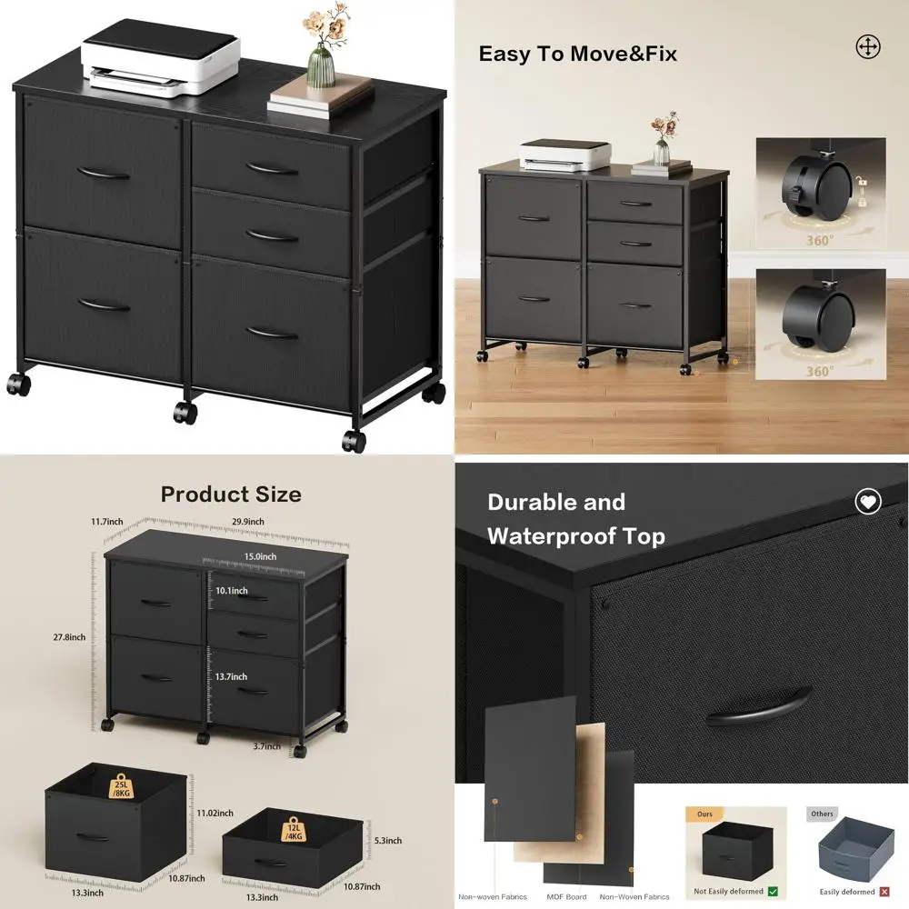 

5-Drawer Rolling File Cabinet with Under Desk Storage, Printer Stand, Mobile Home Office Organizer, Black