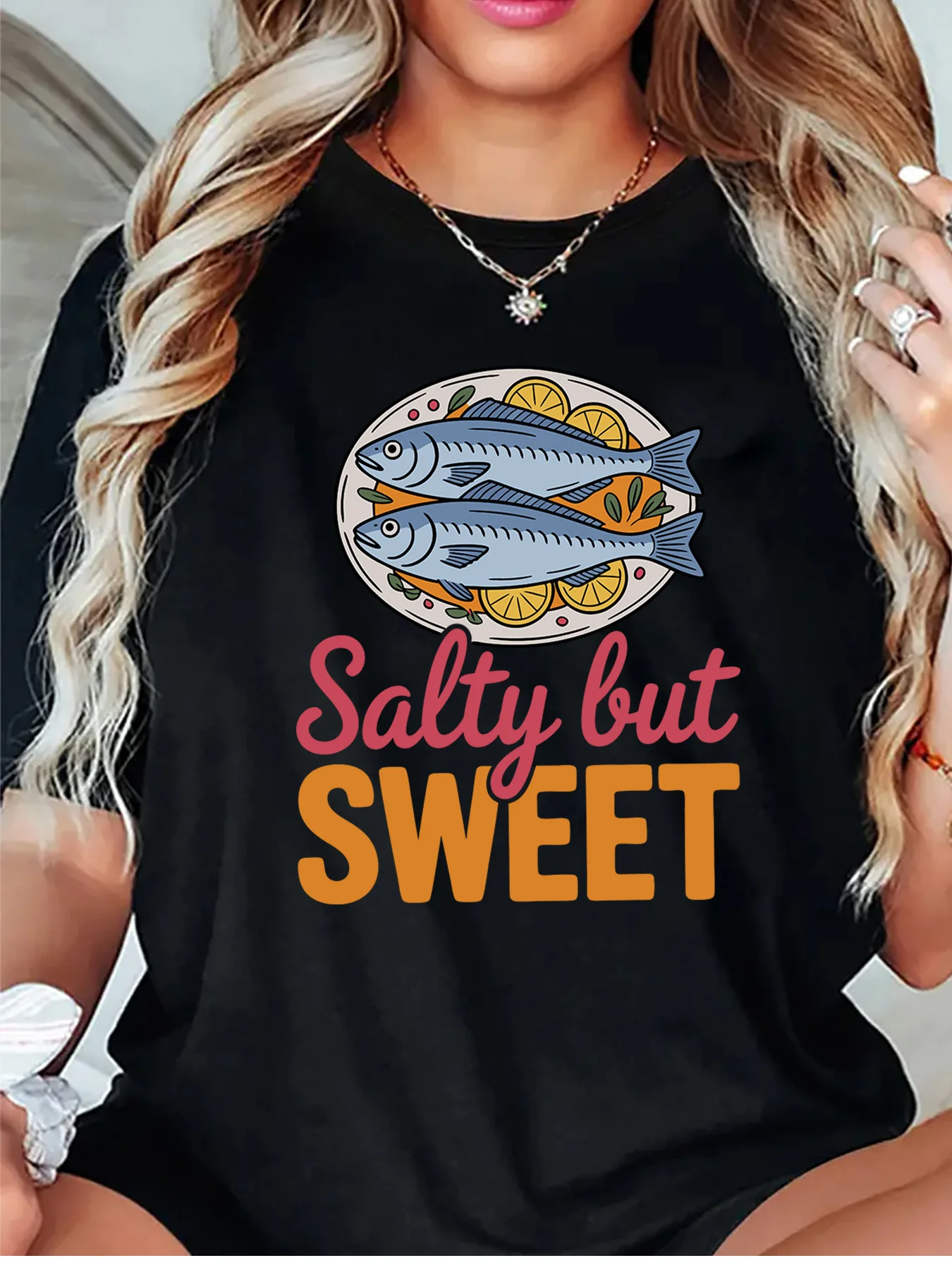 Cute Salty But Sweet Fish Lemon Plate Graphic Womens T Shirt Short Sleeve Crew Neck Food Theme Casual Daily Ladies Soft Tee Tops