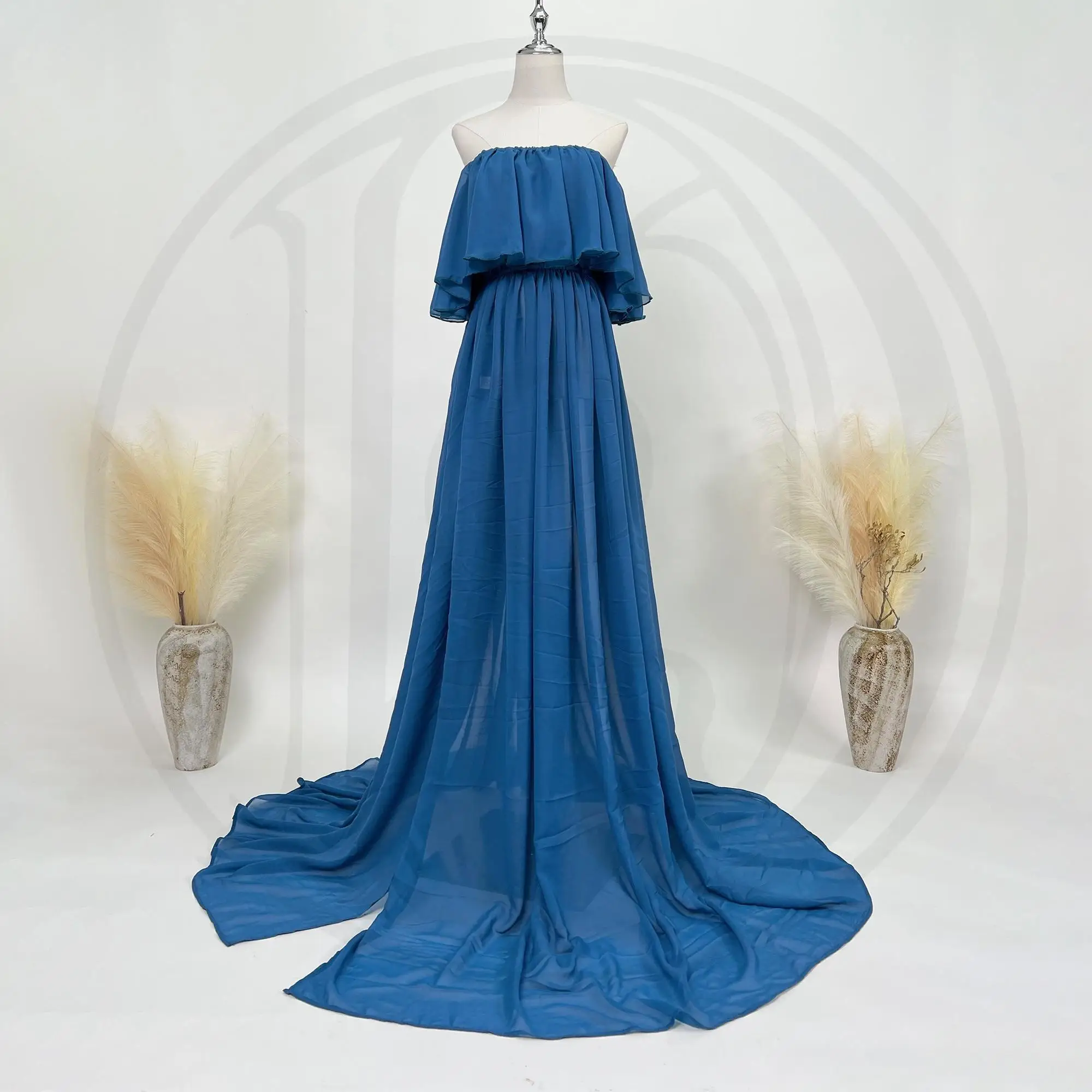 

Don&Judy Dress For Pregnant Woman Chiffon Ruffle Off-Shoulder Side-Slit Dress Gown For Photoshoot