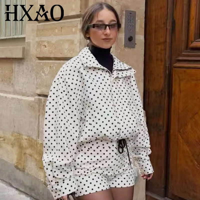 HXAO 2026 Women's Polka Dot Oversized Jacket Zipper Plus Size Long Sleeve Tops New In Coats & Jackets Cropped Outdoor Outerwears