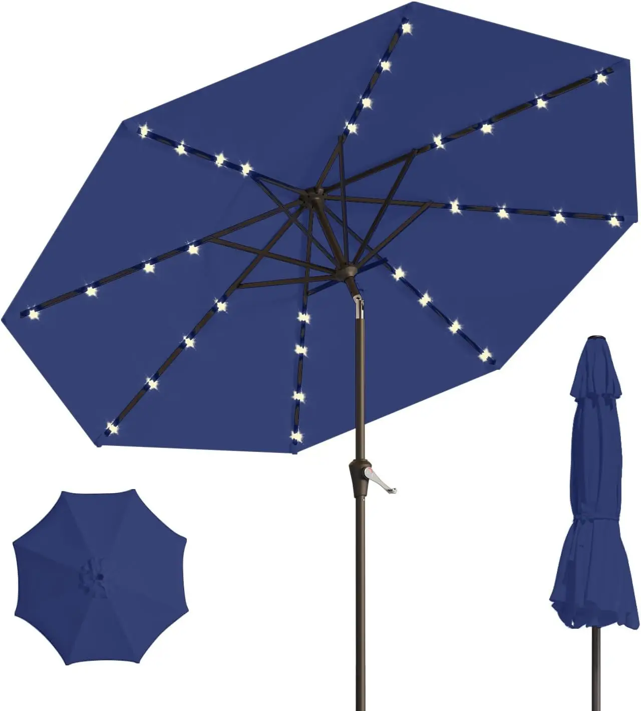 

10FT Solar Patio Umbrella with 32 LED Lights, Tilt and Crank, UV-Resistant for Pool Garden Deck in Navy Blue