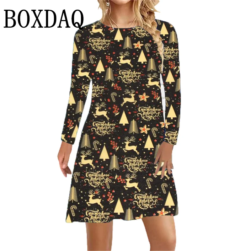 Fashion Christmas Print Women Dress 2024 New Autumn Winter Long Sleeve O-Neck Loose Casual A-Line Dress Ladies Cute Cartoon Dres