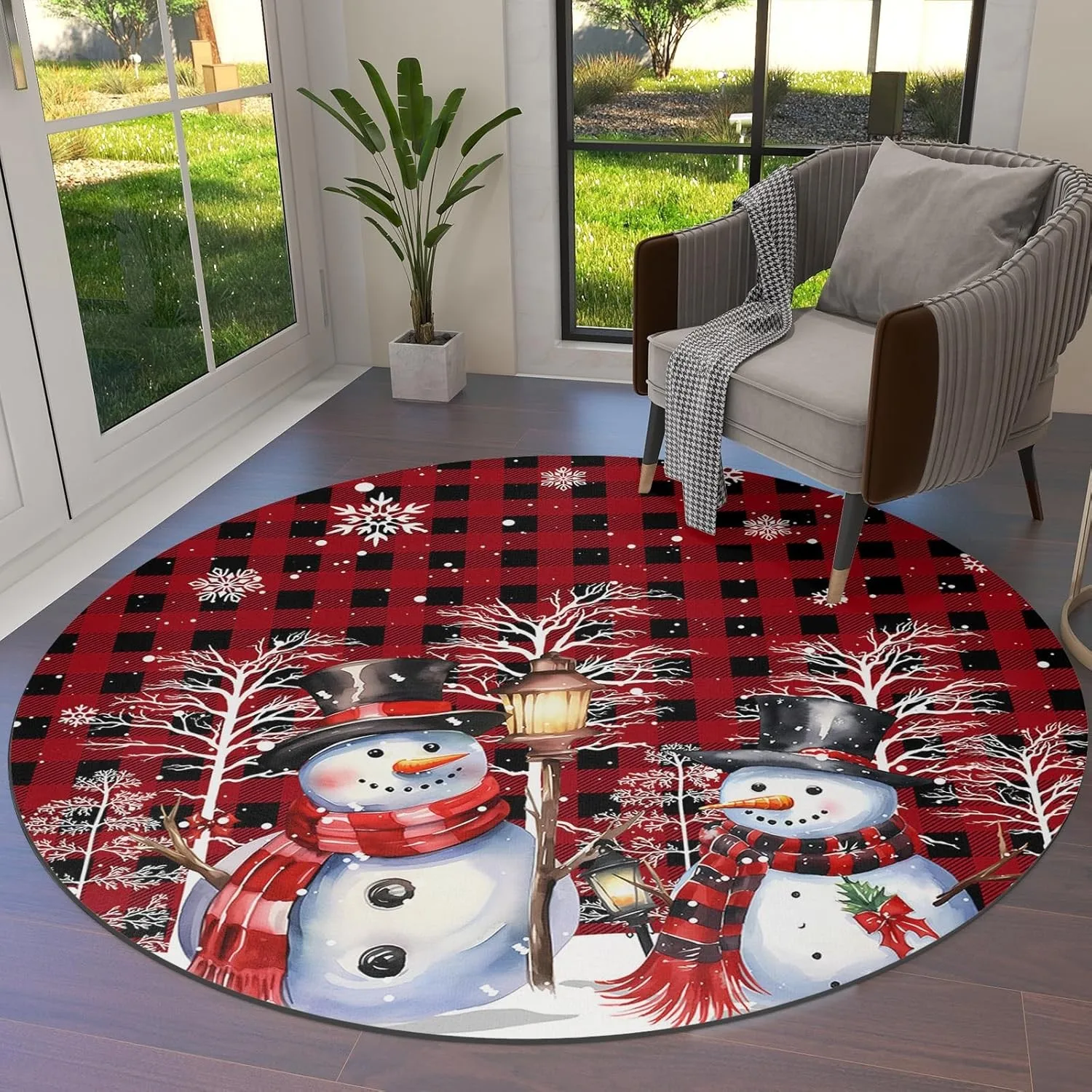 Winter Christmas Snowman Round  Rug for Living Room Non Slip Bedroom Mats Circle Rugs for Room Home Christmas Decorations Carpet