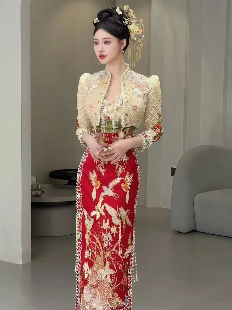 

Новое свадебное платье в китайском стиле, Cheongsam цвета шампанского для тяжелой промышленности