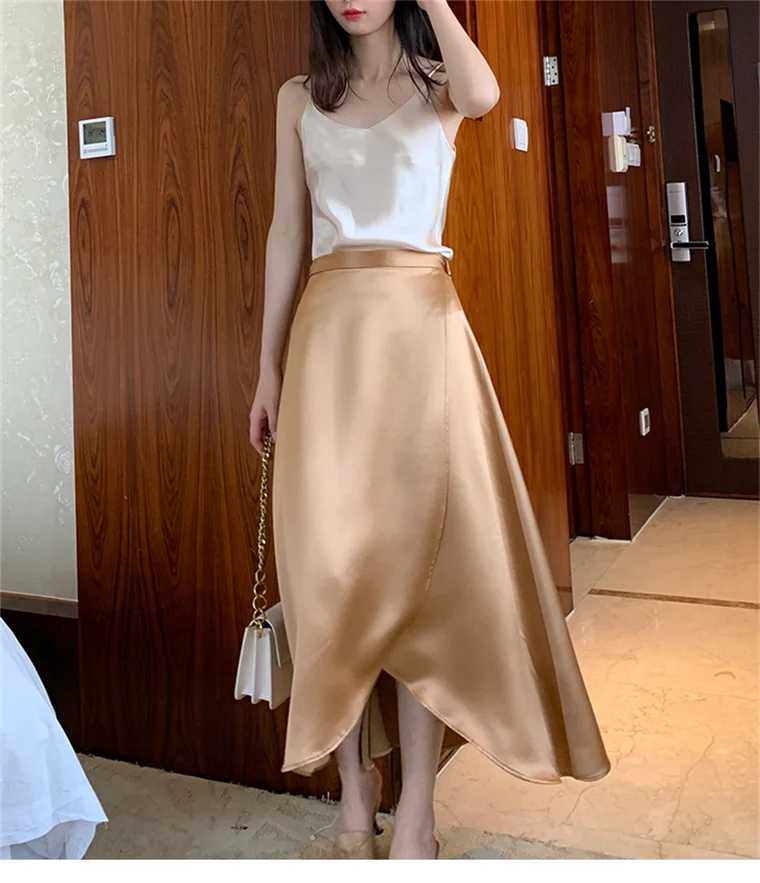 2026 Summer Lace-up One Piece Long Skirts High Waist A-Line Skirts Autumn Office Ladies Black Silk Satin Long Skirts Vestidos