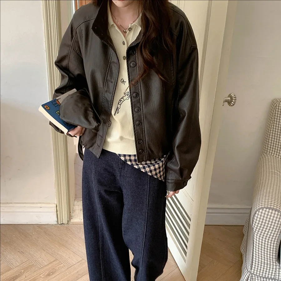 Inverno feminino 2025 casual solto couro PU jaqueta de motocicleta manga comprida casaco elegante