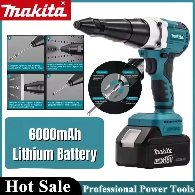 

Бесщеточный электрический заклепочник Makita с LED-подсветкой, беспроводной, многофункциональный, автоматический инструмент для установки заклепочных гаек, совместимый с аккумуляторами 18В