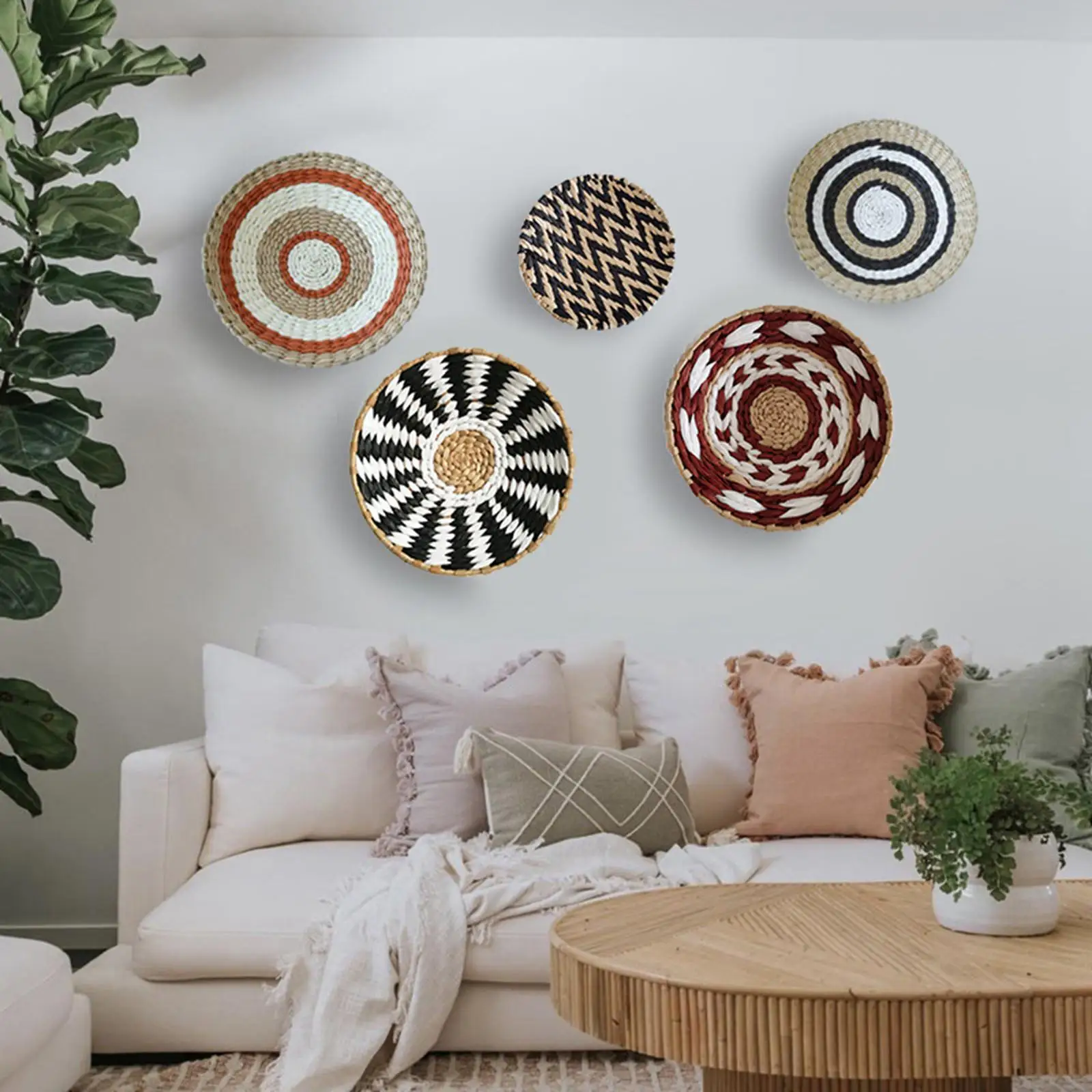 Woven Basket Wall Decor Art Craft Simple Tapestry Pendant Round Hangings for Guestroom Coffee Table Family Room Porch Home Decor