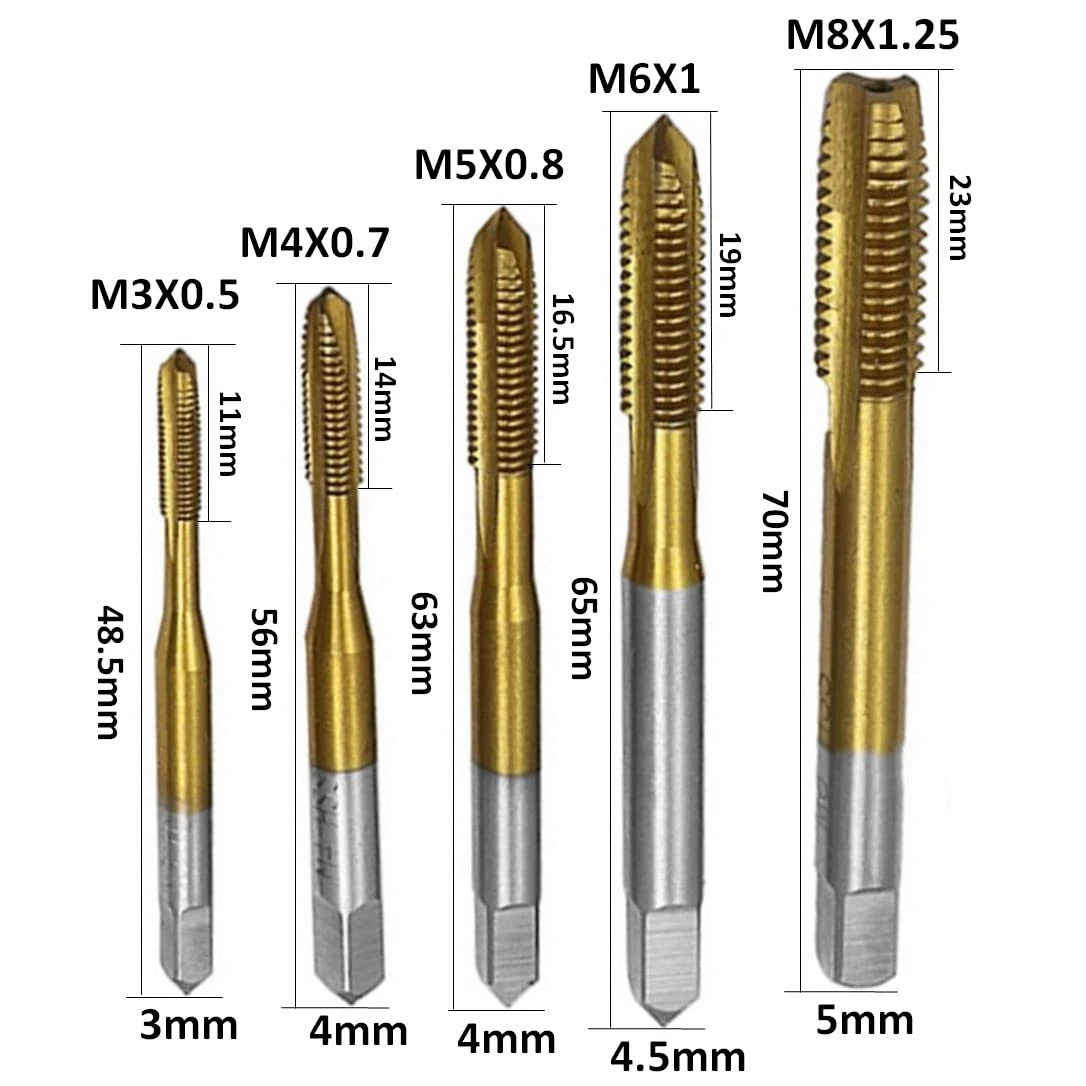 Broca de grifo de tornillo con revestimiento de titanio HSS, herramientas manuales de rosca de flauta recta métrica, M2, M2.5, M3, M3.5, M4, M5, M8,